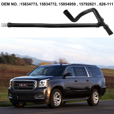 Engine Lower Heater Outlet Hose For GM Chevrolet Silverado Tahoe Yukon Avalanche Suburban GMC Sierra Yukon XL 1500 2500 3500 2000 2014 Replacement Fits Escalade And Other GM SUVs Replaces OEM 15834772 15834773 15854959 displayed next to a black GMC SUV.
