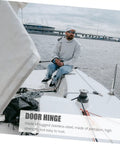 Man on a yacht with inset text about Heavy Duty 316 Stainless Steel Mirror Polished Butt Hinges for RV yacht boat doors and cabinets.