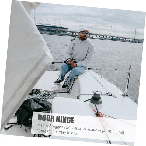 Man on a yacht with inset text about Heavy Duty 316 Stainless Steel Mirror Polished Butt Hinges for RV yacht boat doors and cabinets.
