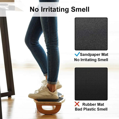 Person using Ergonomic Wood Foot Rest With Rocker Board For Standing Desks, Supports Up To 350 Lbs, Non Slip, 18 Inch Wide
