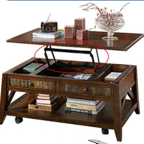 2 Liftable Coffee Table Hinges With Silent Hydraulic Buffer, heavy duty steel hardware installed in a wooden coffee table