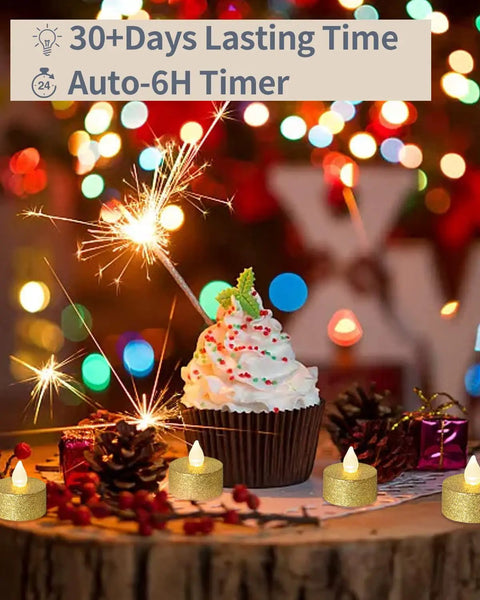 Battery Operated LED Tea Lights 24 Pack Gold Flameless Votive Tealights With Warm White Flickering Light Realistic Small Electric Candles For Wedding Table Decor Party Ready Festival Nights on festive table with cupcake and sparklers