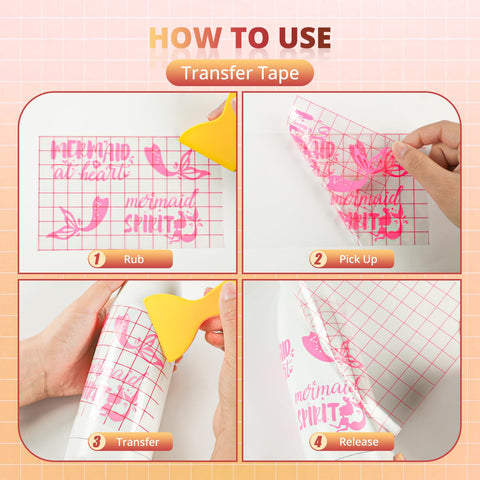 Clear Vinyl Transfer Tape Roll With Alignment Grid 12 Inch By 50 Feet For Silhouette Cameo shown in step-by-step application.