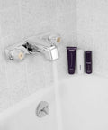 Budget Friendly Classic Tub And Shower Faucet With Diverter Chrome Polished Finish Easy Turn Crystal Acrylic Knobs in bathroom setup