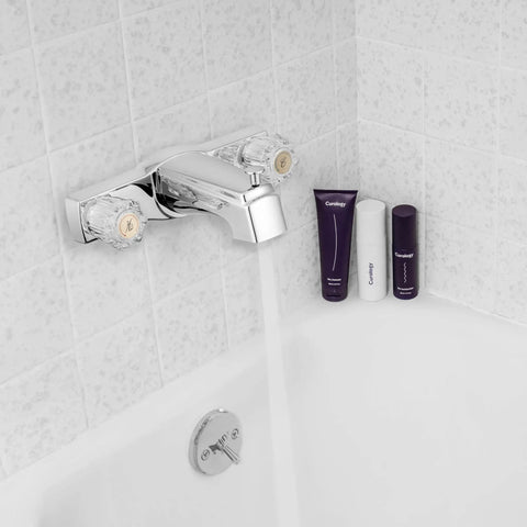 Budget Friendly Classic Tub And Shower Faucet With Diverter Chrome Polished Finish Easy Turn Crystal Acrylic Knobs in bathroom setup