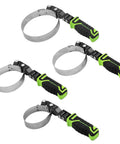 Four Piece Pro Grade Swivel Oil Filter Wrench Set with adjustable strap wrenches for mechanics, heavy duty stainless construction.