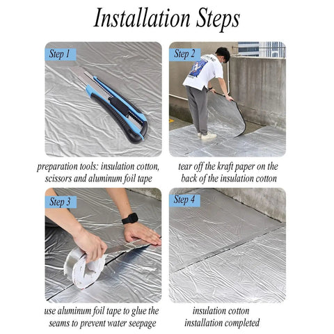 Installation steps of Stay Cool And Save Cash With This Rock Solid Thermal Insulation Roll featuring aluminum foil and tools.