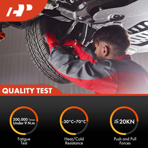 Mechanic performing quality test on vehicle undercarriage with tire, wearing red and gray uniform, indoors.