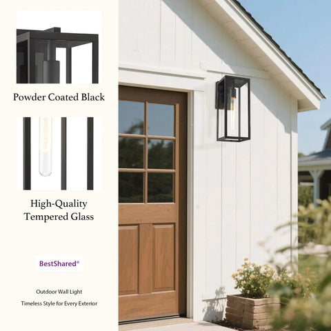 2 Pack 15 Inch Outdoor Wall Sconces With Clear Glass No Fuss Black Finish Weather Resistant Exterior Lanterns beside garage door