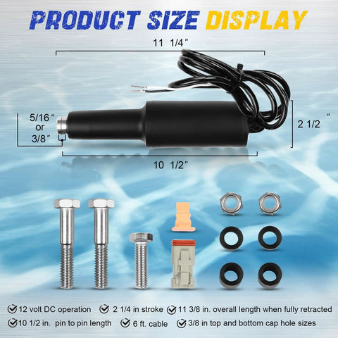 Beefy Boat Trim Tab Actuator With Two And A Quarter Inch Stroke For 101XD Marine Systems 12V, showing dimensions and mounting hardware.