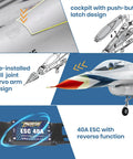 RC Jet Fighter F16 Fighting Falcon 64mm EDF Airplane for Grownups showing cockpit, servo arm, and 40A ESC details.