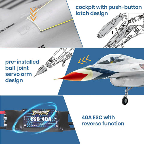 RC Jet Fighter F16 Fighting Falcon 64mm EDF Airplane for Grownups showing cockpit, servo arm, and 40A ESC details.