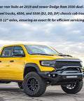 Yellow Dodge Ram 3500 truck suitable for 12 Pin Rear Axle Spindle Hub Bearing Retaining Nut Socket Removal Tool For Dodge Ram 3500 4500 5500 2019 To 2022 Fits 12 Inch Axles Black Oxide Coated Half Inch Drive Jobsite Tough