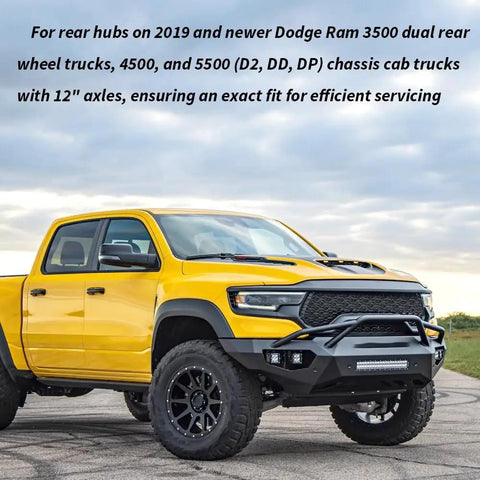 Yellow Dodge Ram 3500 truck suitable for 12 Pin Rear Axle Spindle Hub Bearing Retaining Nut Socket Removal Tool For Dodge Ram 3500 4500 5500 2019 To 2022 Fits 12 Inch Axles Black Oxide Coated Half Inch Drive Jobsite Tough