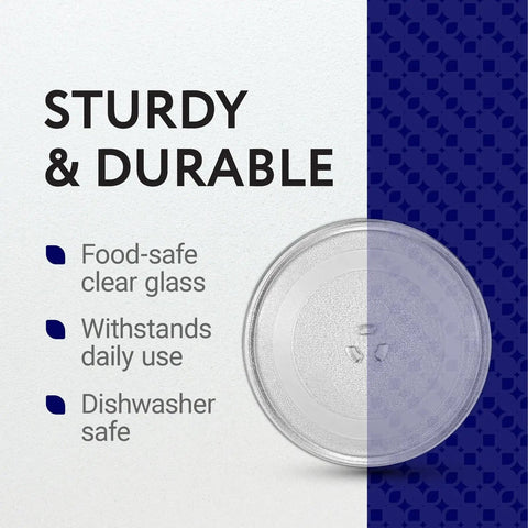 9.6 Inch Glass Microwave Turntable Replacement With 3 Part Coupler And Centerpiece, Tempered Clear Plate next to features list