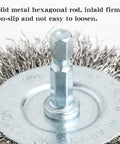 Close-up of metal hex shank on Ten Piece Three Inch Stainless Steel Wire Wheel Brush Kit For Drill With One Quarter Inch Hex Shank