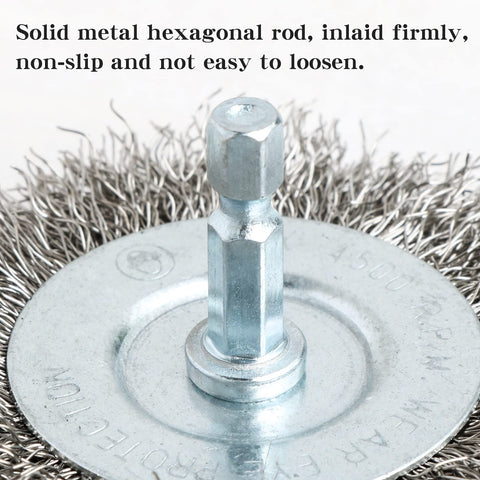 Close-up of metal hex shank on Ten Piece Three Inch Stainless Steel Wire Wheel Brush Kit For Drill With One Quarter Inch Hex Shank