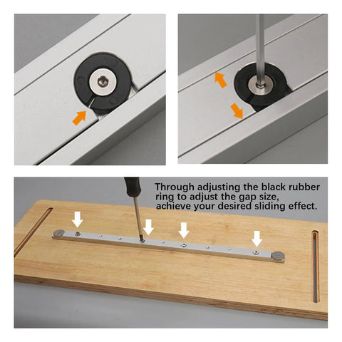 Aluminum Miter Bar for Table Saws and Router Tables Heavy Duty T Slot Rail Gauge Rod for Woodworking Sliding Clamp Track 450mm Length 17.71 Inches Perfect for Miter Sleds and DIYers, shown on miter sled