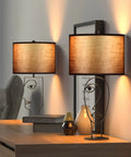 Industrial Farmhouse Table Lamps Set Of 2 Black Finish With Brown Fabric Shades For Living Room, Bedroom, Office, And Desk