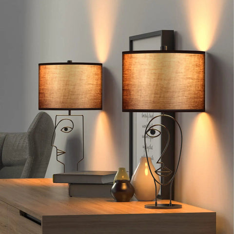 Industrial Farmhouse Table Lamps Set Of 2 Black Finish With Brown Fabric Shades For Living Room, Bedroom, Office, And Desk