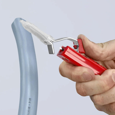 Heavy Duty Cable Stripper Tool For 8 To 28 Millimeter Wires, 9 Inch Length, cutting blue cable, easy grip handle visible