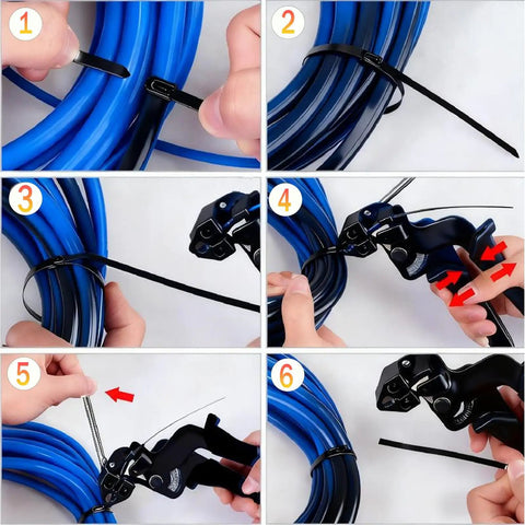 Step-by-step use of Heavy Duty Metal Zip Ties Kit With Cable Tie Gun, 100 Pack, 11.8 Inch on blue wires.