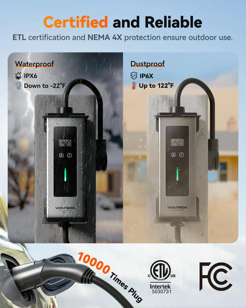 Premium Top Tier Portable Level 1 And Level 2 EV Charger 40 Amp For J1772 Electric Vehicles With NEMA 1450 Plug shown waterproof and dustproof.