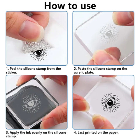 How to use Super Slick Reusable Calendar Clear Stamps; steps show peeling, mounting, and inking silicone stamps.