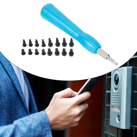 Security Screws And Screwdriver Kit For Ring Doorbell 2 And Ring Doorbell Pro displayed with blue handle and black screws