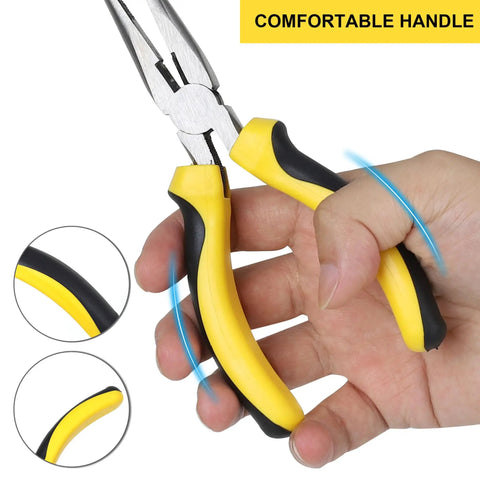 Hand using a plier from the Five Piece Pliers Set With Eight Inch Groove Joint Pliers, yellow ergonomic handle close-up.