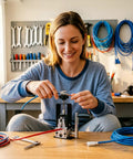 Woman using Portable Electric Wire Stripper Machine With Hand Crank Wire Peeler Tool at workbench with copper wires.