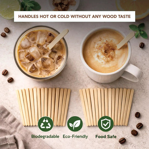 Top Shelf 1000 Piece Heavy Duty Birchwood Coffee Stirrers for Hot And Cold Brews with iced coffee and latte in view.