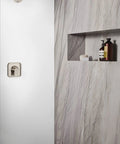 Genta LX Go-To Modern Shower Trim Kit With Eco-Performance Pressure Balance, includes handle, brushed nickel, in a tiled bathroom.
