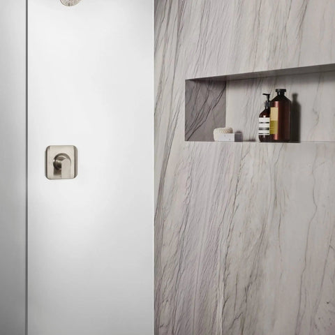Genta LX Go-To Modern Shower Trim Kit With Eco-Performance Pressure Balance, includes handle, brushed nickel, in a tiled bathroom.
