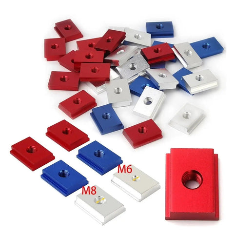 Heavy Duty T Slot Nut Bolts And T Track Slider Fasteners For Woodworking, premium aluminum alloy M6 M8 red blue silver nuts.