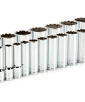Deep 1/2 Inch Drive 12 Point Socket Set 19 Piece Range From 3/8 To 1-1/2 Inch For Auto Repair And DIY Sockets displayed in a row
