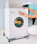 Washing machine on adjustable appliance dolly cart with four locking twin wheels heavy duty mobile base for easy repositioning at home.