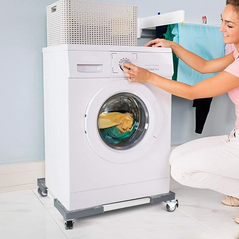 Washing machine on adjustable appliance dolly cart with four locking twin wheels heavy duty mobile base for easy repositioning at home.