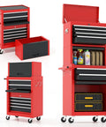 Five Drawer Rolling Tool Cabinet With Auto Locking System And Lockable Wheels, Detachable Top Box, red and black finish