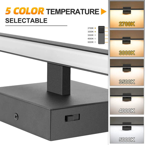 15.7 Inch Black Dimmable LED Vanity Light Over Mirror With 12W Power And Five CCT Color Temperatures 2700K To 5000K Dope Sleek Modern Bathroom Fixture ETL Certified For Home Restroom showing color temperature options.