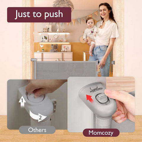 Woman with baby demonstrating Retractable Baby Gate For Stairs And Doorways, 33 Inch Tall, Expands To 55 Inch Wide, Double Locking Safety.