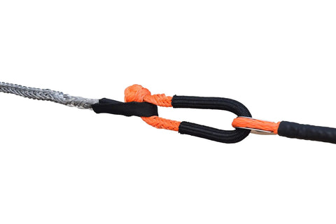 Close-up of orange synthetic cable connection with protective sleeve, part of Off Road Winch Rope Extension For ATV UTV Three Eighth Inch Synthetic Cable Eighty Four Feet Orange Abrasion Resistant With Protective Sleeve And PVC Sheath Easy To Use Recovery Line For Tough Trails