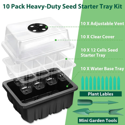 10 Pack Seed Starter Tray Kit with 120 Cell Seedling Trays, Humidity Dome and Base, Reusable Greenhouse Trays shown in layers
