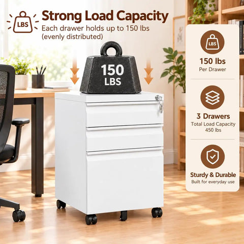 Built Tough As Nails Three Drawer Rolling Tool Chest With Swivel Wheels And Heavy Duty Locks Slick White Steel Shop Organizer on floor with weight.