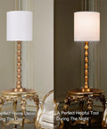Gold Buffet Lamps Set Of 2 Tall Skinny Candlestick Style Lamps For Living Room And Dining Room, day and night view on table