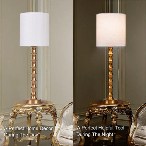 Gold Buffet Lamps Set Of 2 Tall Skinny Candlestick Style Lamps For Living Room And Dining Room, day and night view on table