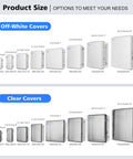 Image showing size options for outdoor IP67 waterproof junction box with mounting plate and clear hinged cover.