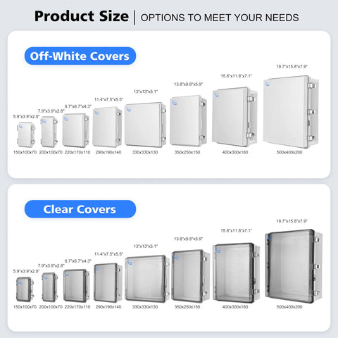 Image showing size options for outdoor IP67 waterproof junction box with mounting plate and clear hinged cover.