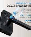 5 In 1 Keyless Entry Smart Lock With Handle For Bedroom And Front Door No Key Fumbles Fingerprint Passcode TTLock App RFID Card Or Mechanical Key Auto Lock Guest Codes Easy DIY Install For Home Office Airbnb, shown in an angled view with touchpad and handle visible.