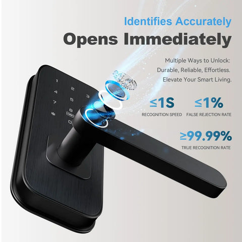 5 In 1 Keyless Entry Smart Lock With Handle For Bedroom And Front Door No Key Fumbles Fingerprint Passcode TTLock App RFID Card Or Mechanical Key Auto Lock Guest Codes Easy DIY Install For Home Office Airbnb, shown in an angled view with touchpad and handle visible.